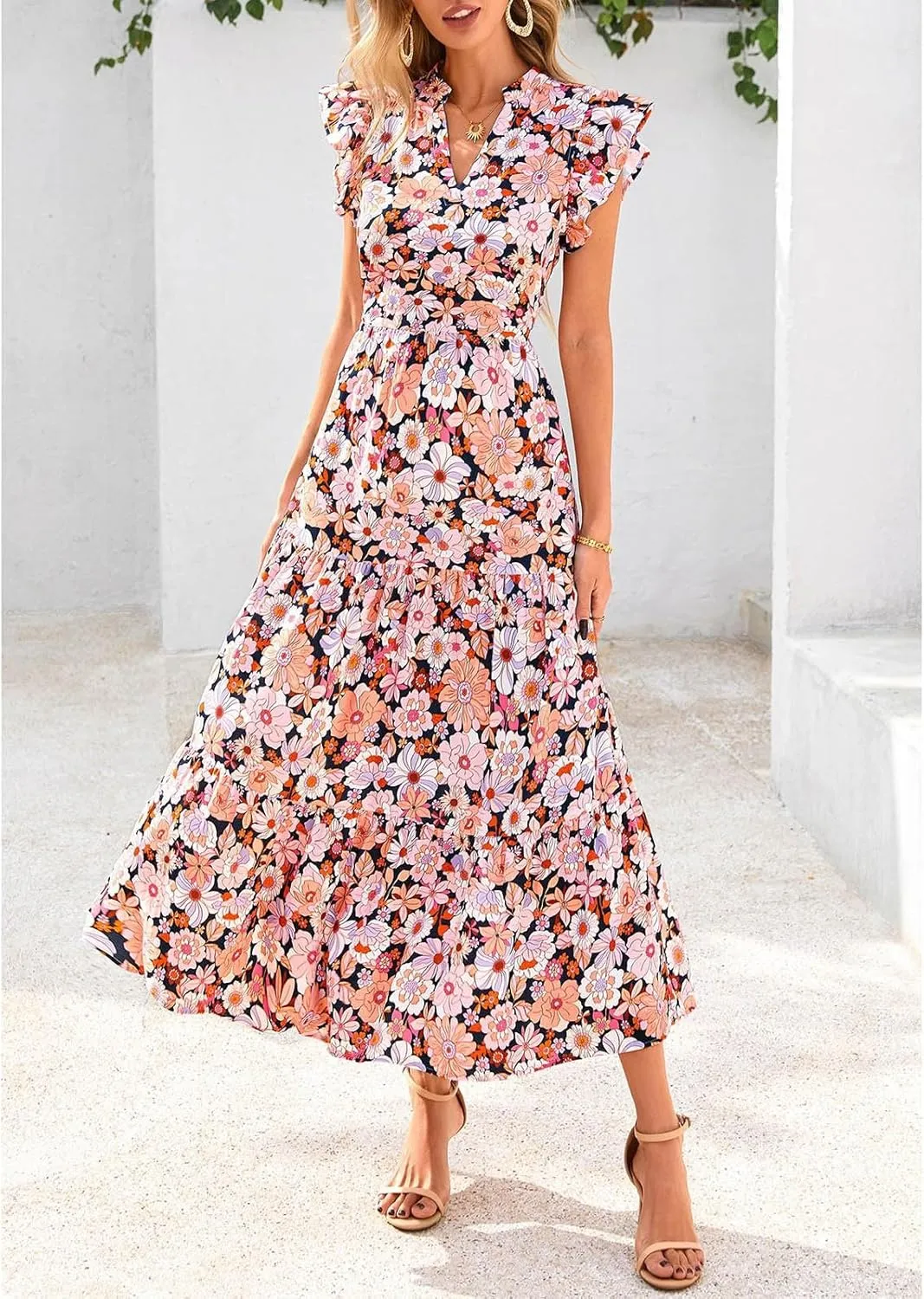 Women's Floral Wrap V-Neck Midi Dress Short Sleeve Boho Summer Beach Long Dress High Low Hem Smocked Dress Women