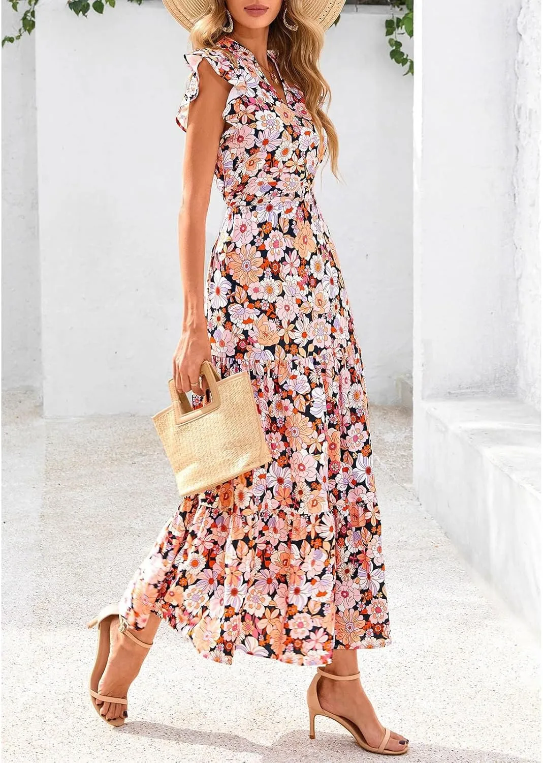 Women's Floral Wrap V-Neck Midi Dress Short Sleeve Boho Summer Beach Long Dress High Low Hem Smocked Dress Women
