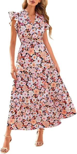 Women's Floral Wrap V-Neck Midi Dress Short Sleeve Boho Summer Beach Long Dress High Low Hem Smocked Dress Women