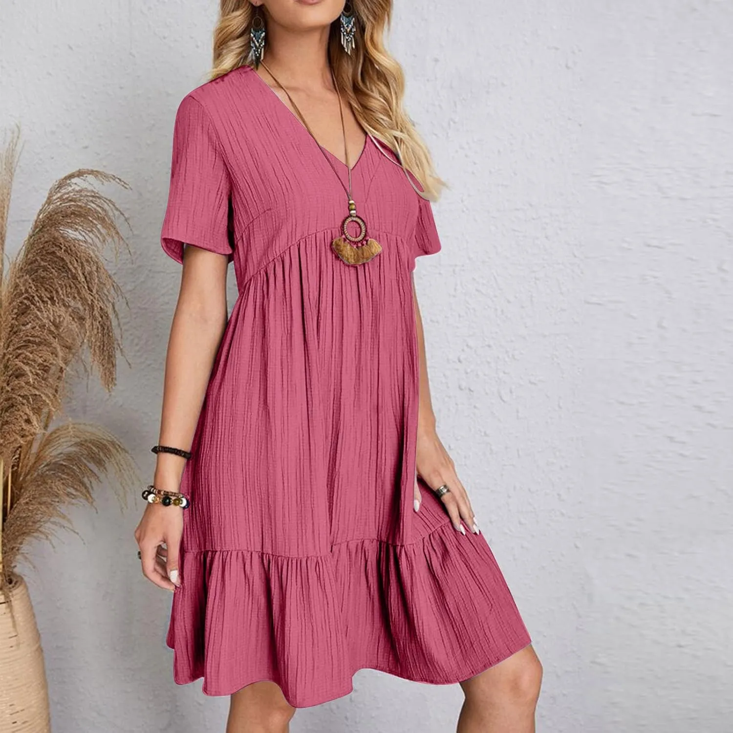 Women's Flutter Short Sleeve Smocked Midi Dress Summer Casual Tiered A-Line Dresses Dressy Ruffle Sundress S-5XL