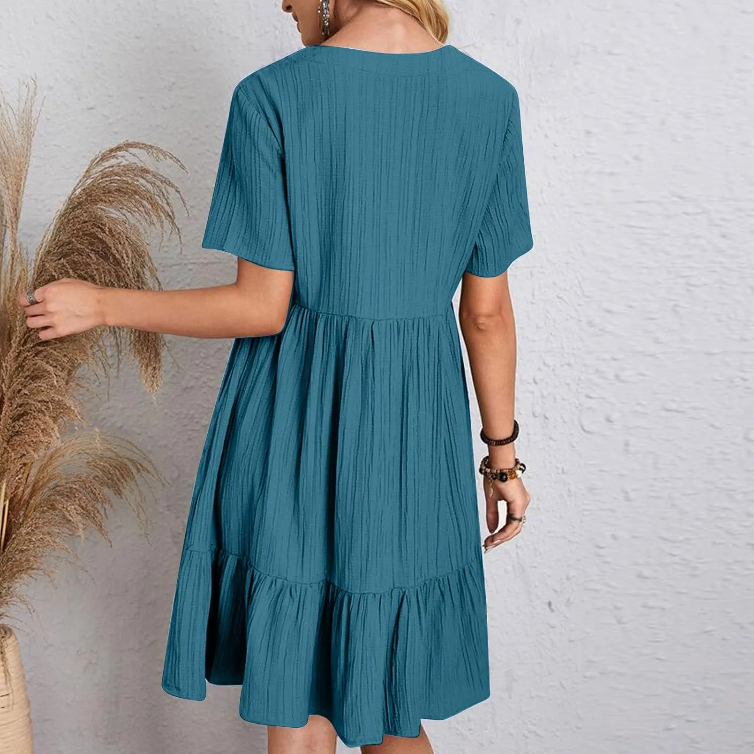 Women's Flutter Short Sleeve Smocked Midi Dress Summer Casual Tiered A-Line Dresses Dressy Ruffle Sundress S-5XL