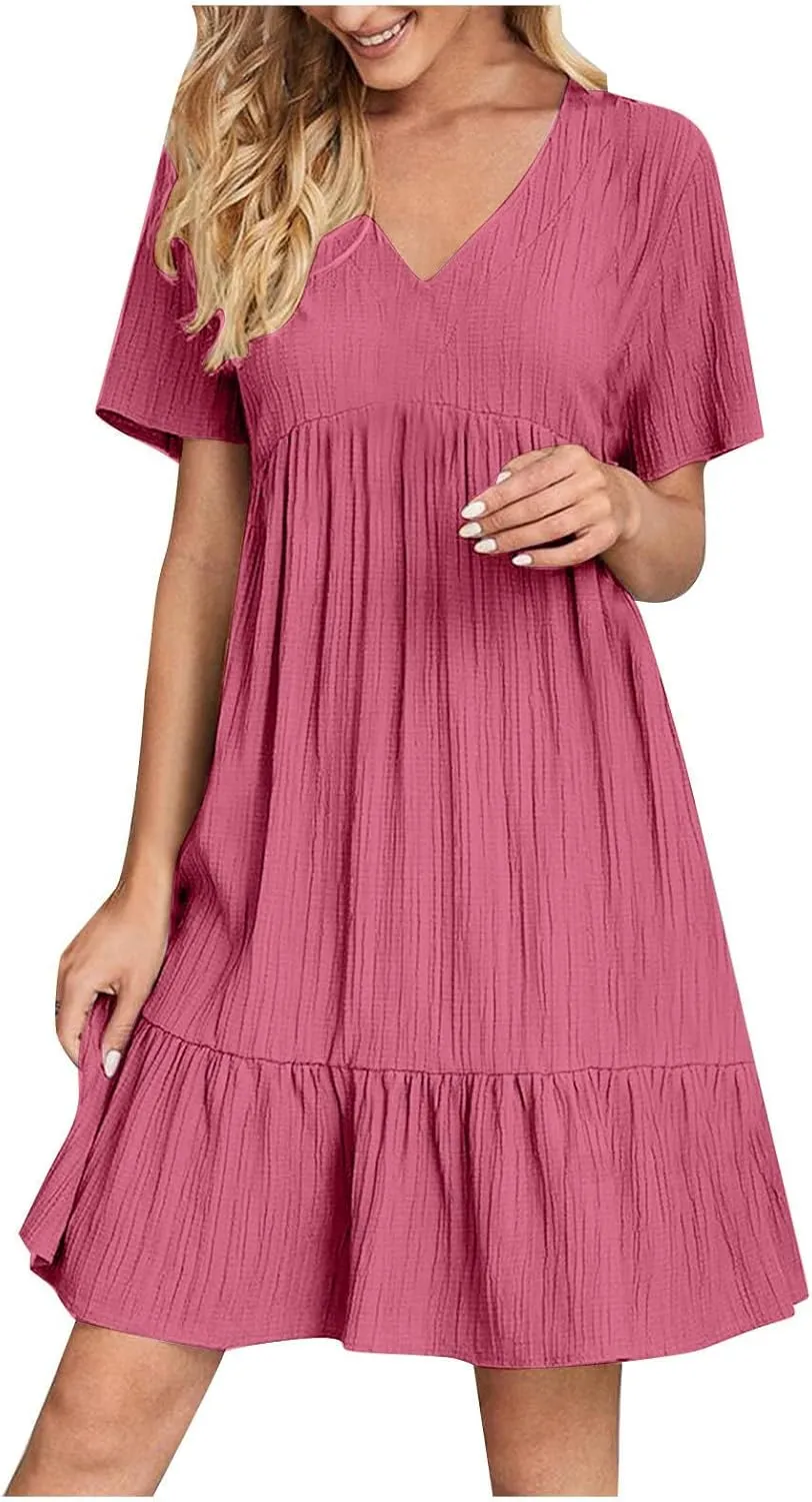 Women's Flutter Short Sleeve Smocked Midi Dress Summer Casual Tiered A-Line Dresses Dressy Ruffle Sundress S-5XL