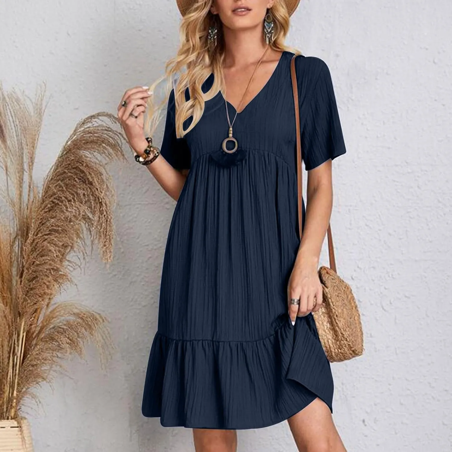 Women's Flutter Short Sleeve Smocked Midi Dress Summer Casual Tiered A-Line Dresses Dressy Ruffle Sundress S-5XL