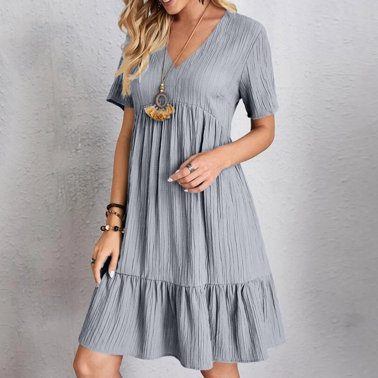 Women's Flutter Short Sleeve Smocked Midi Dress Summer Casual Tiered A-Line Dresses Dressy Ruffle Sundress S-5XL