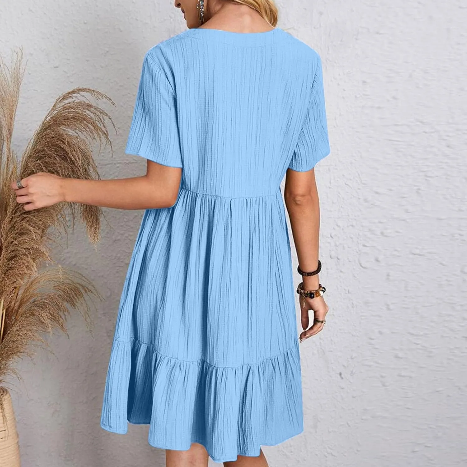 Women's Flutter Short Sleeve Smocked Midi Dress Summer Casual Tiered A-Line Dresses Dressy Ruffle Sundress S-5XL