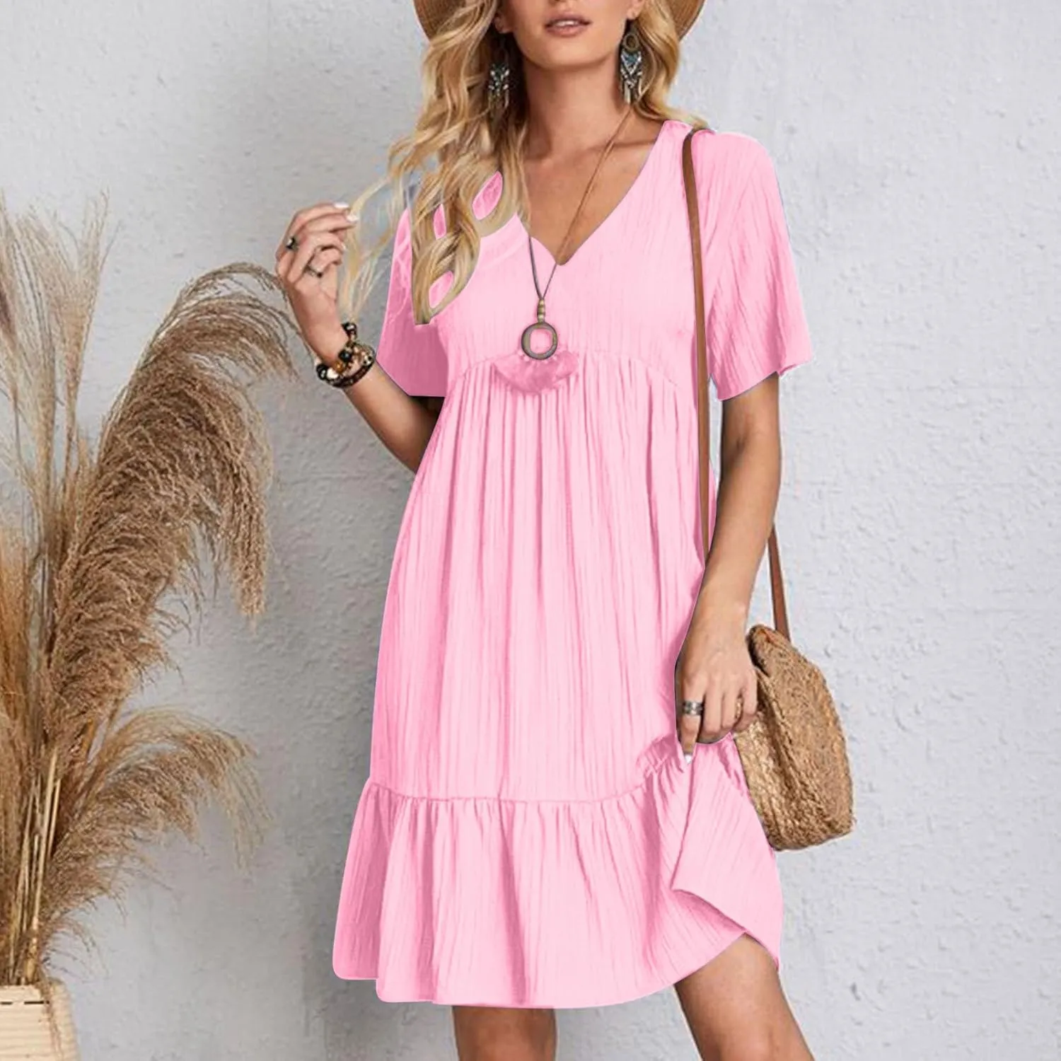 Women's Flutter Short Sleeve Smocked Midi Dress Summer Casual Tiered A-Line Dresses Dressy Ruffle Sundress S-5XL