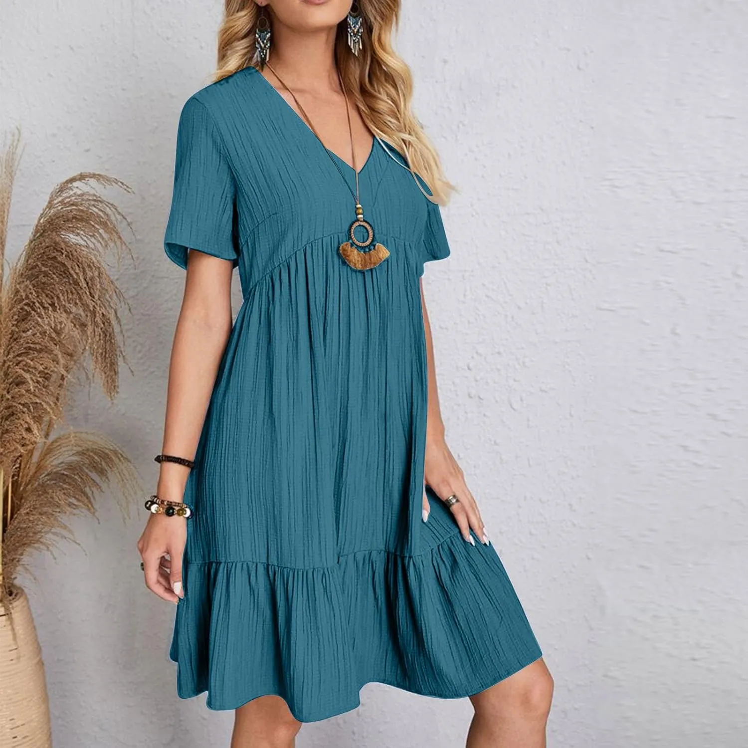 Women's Flutter Short Sleeve Smocked Midi Dress Summer Casual Tiered A-Line Dresses Dressy Ruffle Sundress S-5XL