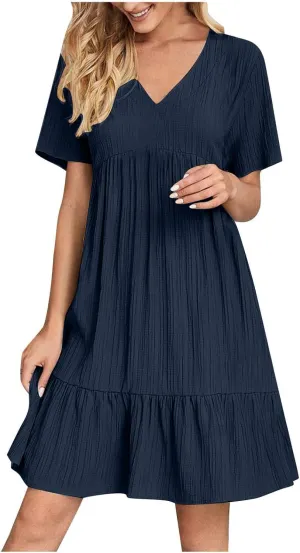 Women's Flutter Short Sleeve Smocked Midi Dress Summer Casual Tiered A-Line Dresses Dressy Ruffle Sundress S-5XL