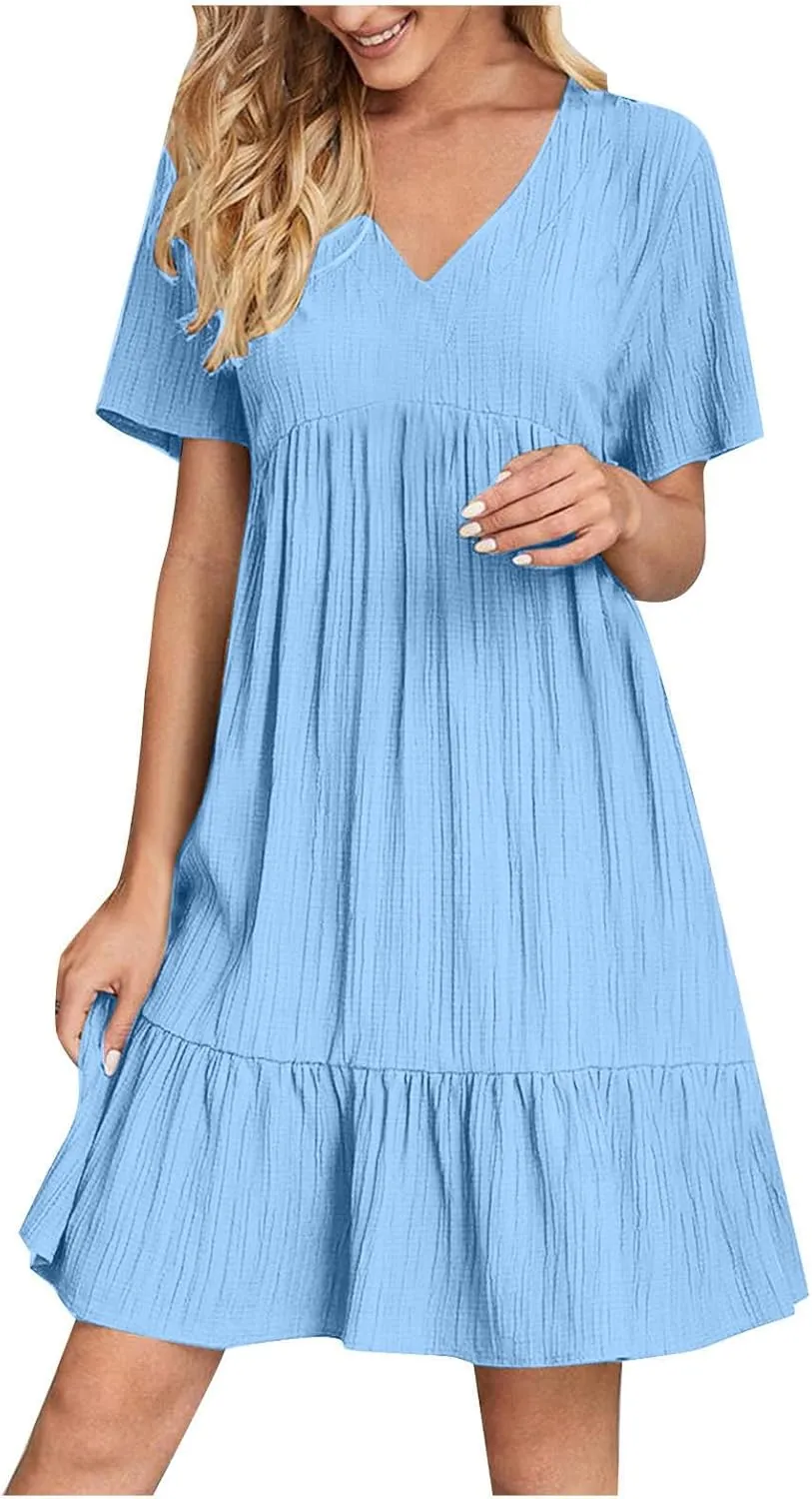 Women's Flutter Short Sleeve Smocked Midi Dress Summer Casual Tiered A-Line Dresses Dressy Ruffle Sundress S-5XL