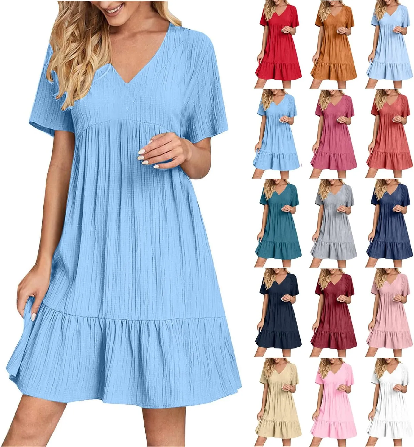 Women's Flutter Short Sleeve Smocked Midi Dress Summer Casual Tiered A-Line Dresses Dressy Ruffle Sundress S-5XL