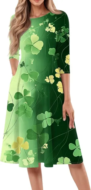 Womens Formal St Patricks Midi Dress,Trendy 3/4 Sleeve Shamrock Elegant Smocked Flowy Casual Plus Size A Line Dress