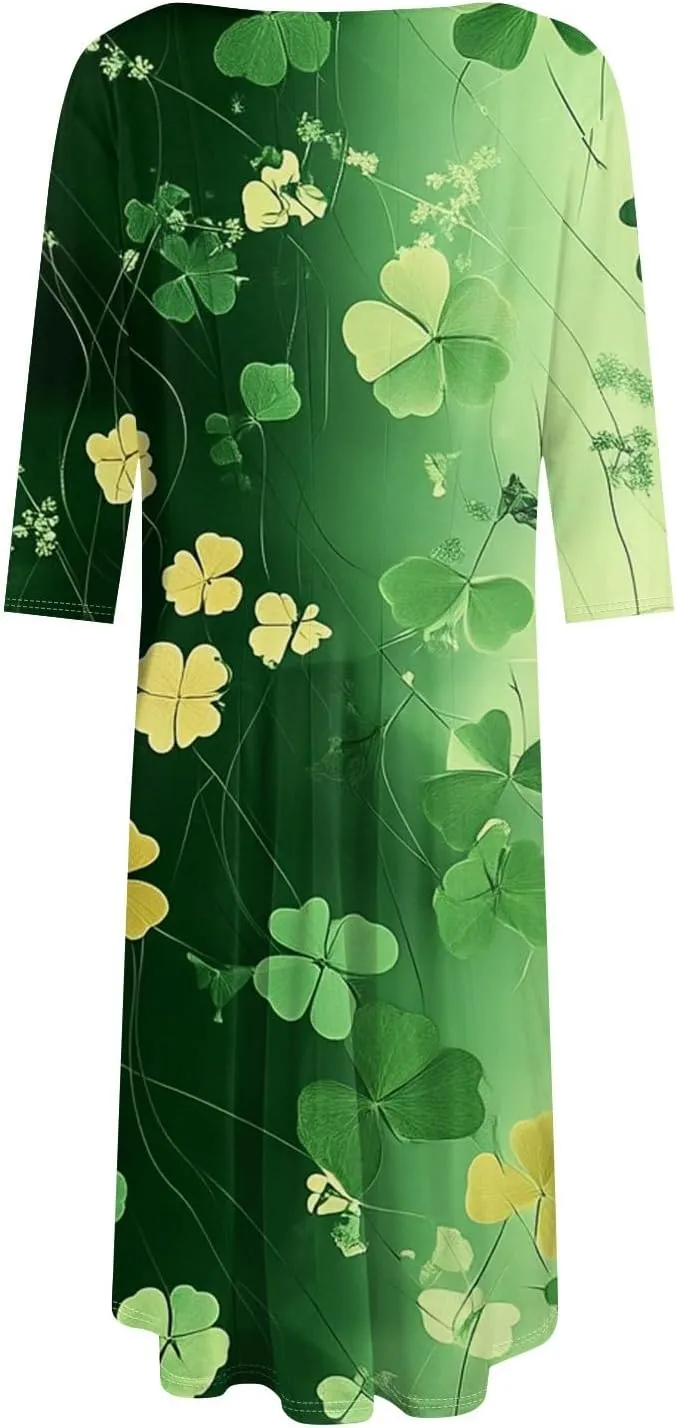 Womens Formal St Patricks Midi Dress,Trendy 3/4 Sleeve Shamrock Elegant Smocked Flowy Casual Plus Size A Line Dress