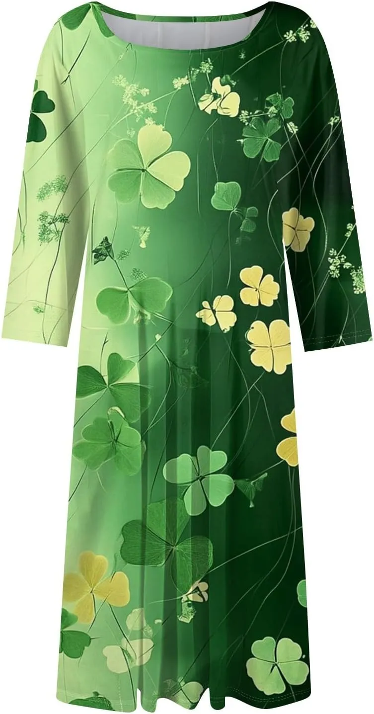 Womens Formal St Patricks Midi Dress,Trendy 3/4 Sleeve Shamrock Elegant Smocked Flowy Casual Plus Size A Line Dress