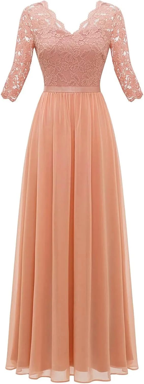 Women's Formal Wedding Guest Dress Fall Casual Flowy V-Neck Lace Maxi Dresses