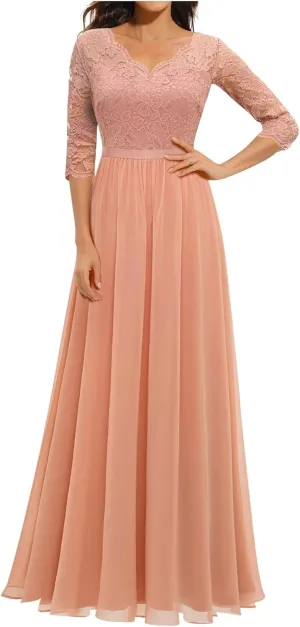 Women's Formal Wedding Guest Dress Fall Casual Flowy V-Neck Lace Maxi Dresses