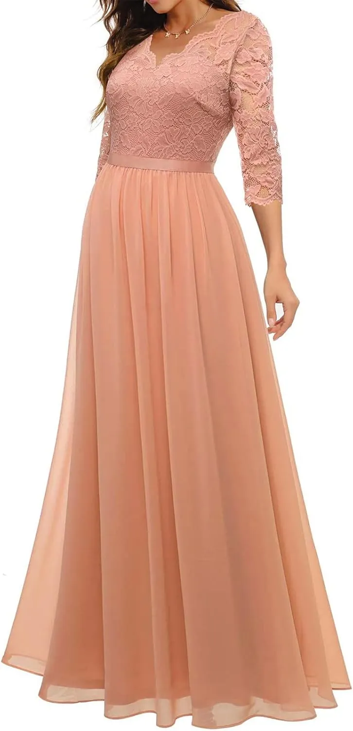 Women's Formal Wedding Guest Dress Fall Casual Flowy V-Neck Lace Maxi Dresses