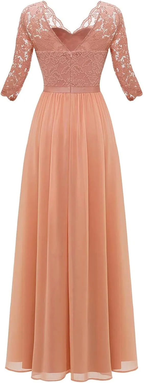 Women's Formal Wedding Guest Dress Fall Casual Flowy V-Neck Lace Maxi Dresses