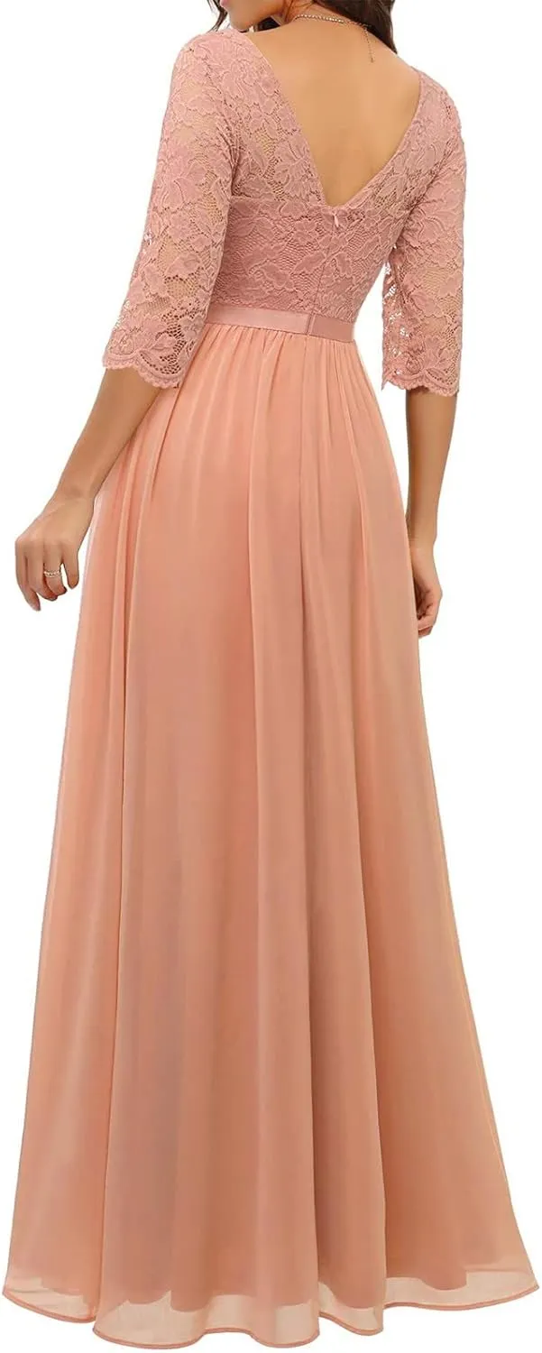 Women's Formal Wedding Guest Dress Fall Casual Flowy V-Neck Lace Maxi Dresses