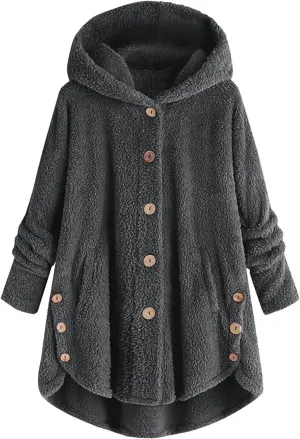 Women's Fuzzy Fleece Coat Plus Size Shearling Jacket Oversized Hoodie Sweater Coat Button Down Outerwear with Pockets