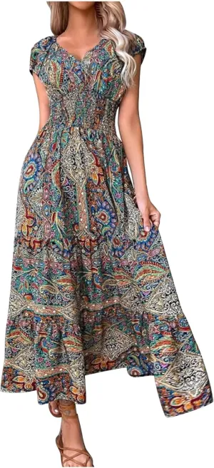 Women's Hawaiian Beach Maxi Dress Fashion Boho Print Dress Summer Casual Short Sleeve Dress Vacation Flowy Long Dress