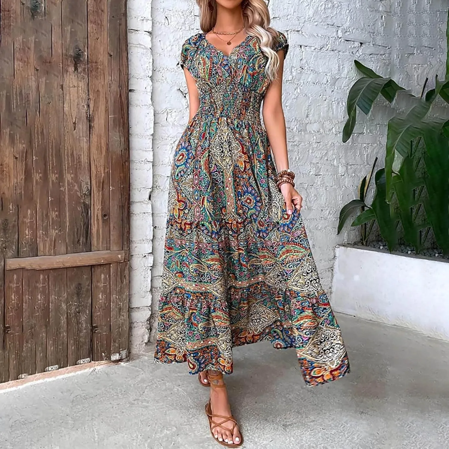 Women's Hawaiian Beach Maxi Dress Fashion Boho Print Dress Summer Casual Short Sleeve Dress Vacation Flowy Long Dress