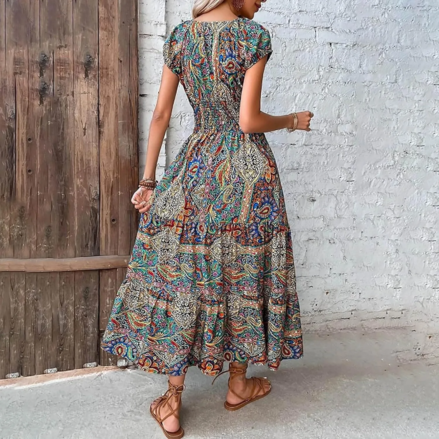 Women's Hawaiian Beach Maxi Dress Fashion Boho Print Dress Summer Casual Short Sleeve Dress Vacation Flowy Long Dress
