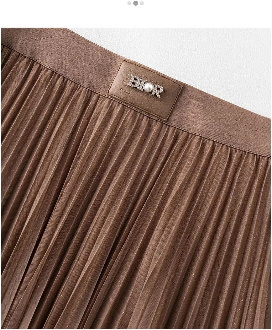 Women's High-Waisted Mesh Pleated Midi Skirt - Elegant Spring A-Line Skirt with Flowy Design