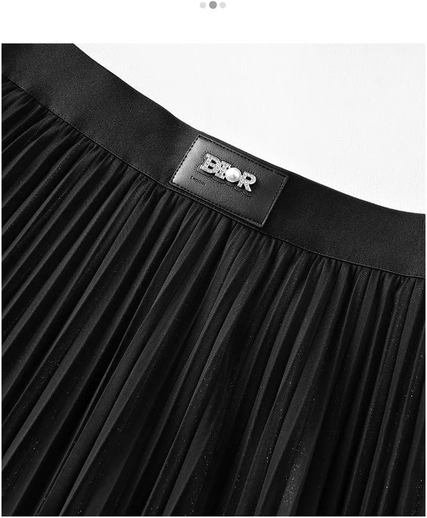 Women's High-Waisted Mesh Pleated Midi Skirt - Elegant Spring A-Line Skirt with Flowy Design