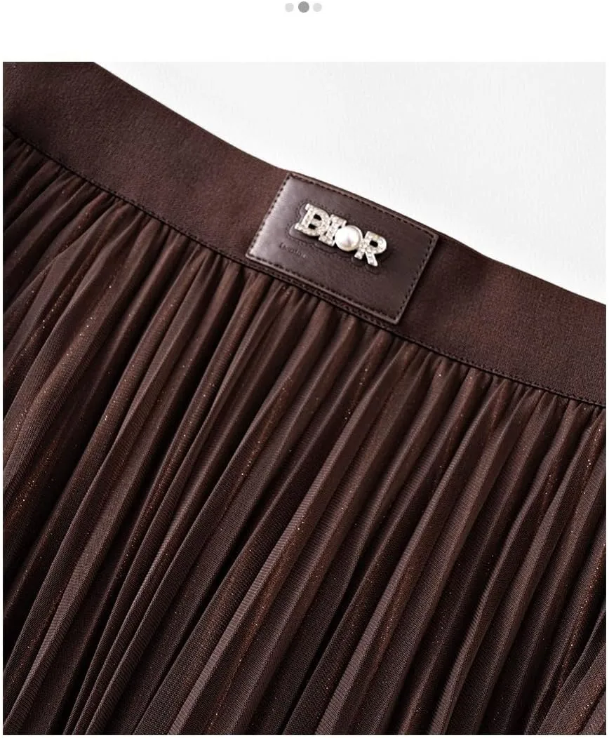 Women's High-Waisted Mesh Pleated Midi Skirt - Elegant Spring A-Line Skirt with Flowy Design