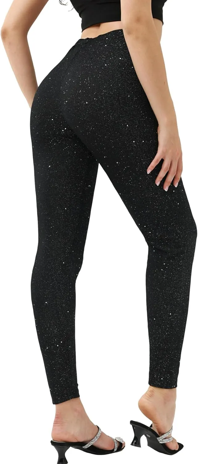Women's High Waisted Shiny Pants, Starry Sky Print Skinny Leggings, Casual Elastic Waist Long Length Leggings
