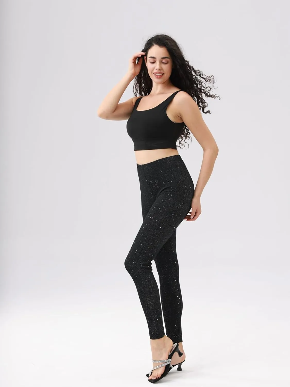 Women's High Waisted Shiny Pants, Starry Sky Print Skinny Leggings, Casual Elastic Waist Long Length Leggings