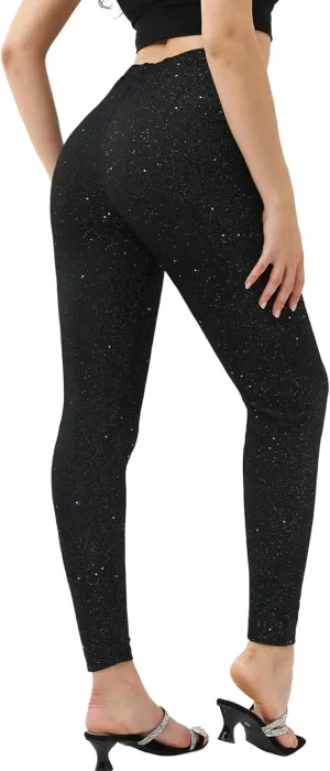 Women's High Waisted Shiny Pants, Starry Sky Print Skinny Leggings, Casual Elastic Waist Long Length Leggings
