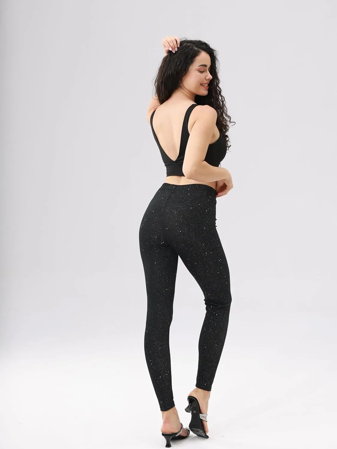 Women's High Waisted Shiny Pants, Starry Sky Print Skinny Leggings, Casual Elastic Waist Long Length Leggings