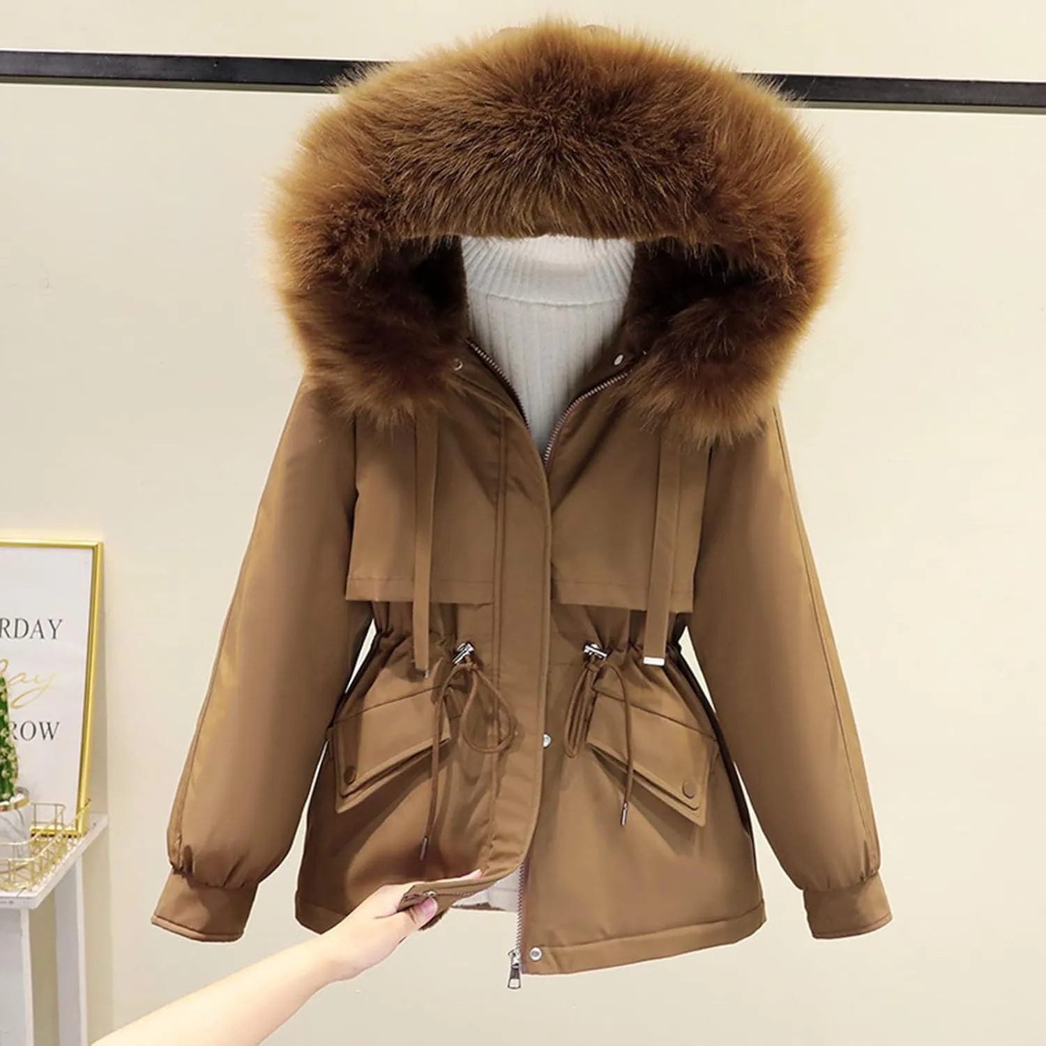 Women's Hooded Down Coat Plus Size Jacket with Fur Hood Winter Parka Drawstring Waist Zip Up Jacket Thick Warm Jacket