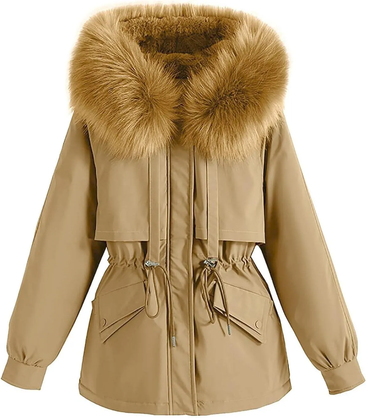 Women's Hooded Down Coat Plus Size Jacket with Fur Hood Winter Parka Drawstring Waist Zip Up Jacket Thick Warm Jacket