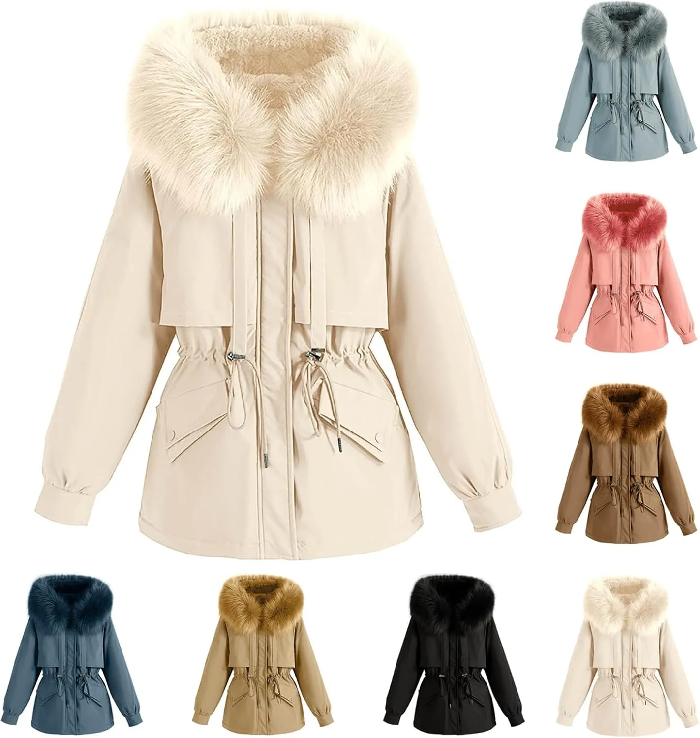 Women's Hooded Down Coat Plus Size Jacket with Fur Hood Winter Parka Drawstring Waist Zip Up Jacket Thick Warm Jacket