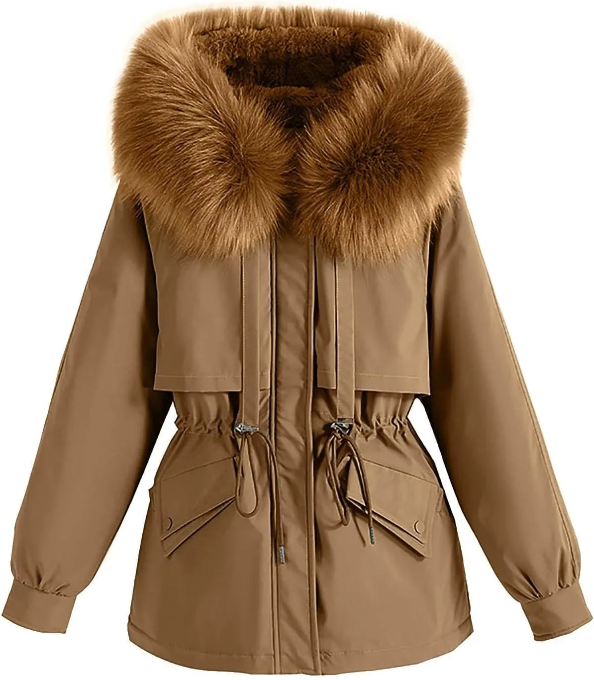 Women's Hooded Down Coat Plus Size Jacket with Fur Hood Winter Parka Drawstring Waist Zip Up Jacket Thick Warm Jacket