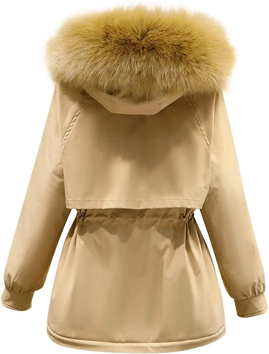 Women's Hooded Down Coat Plus Size Jacket with Fur Hood Winter Parka Drawstring Waist Zip Up Jacket Thick Warm Jacket