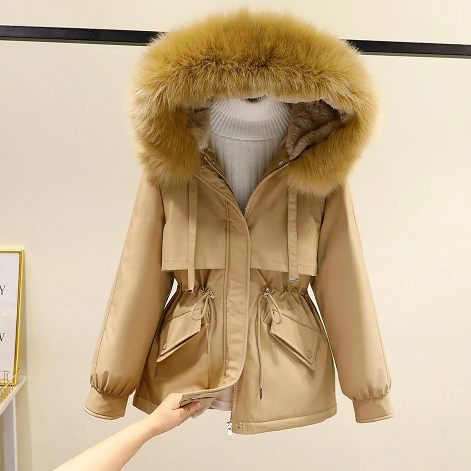 Women's Hooded Down Coat Plus Size Jacket with Fur Hood Winter Parka Drawstring Waist Zip Up Jacket Thick Warm Jacket