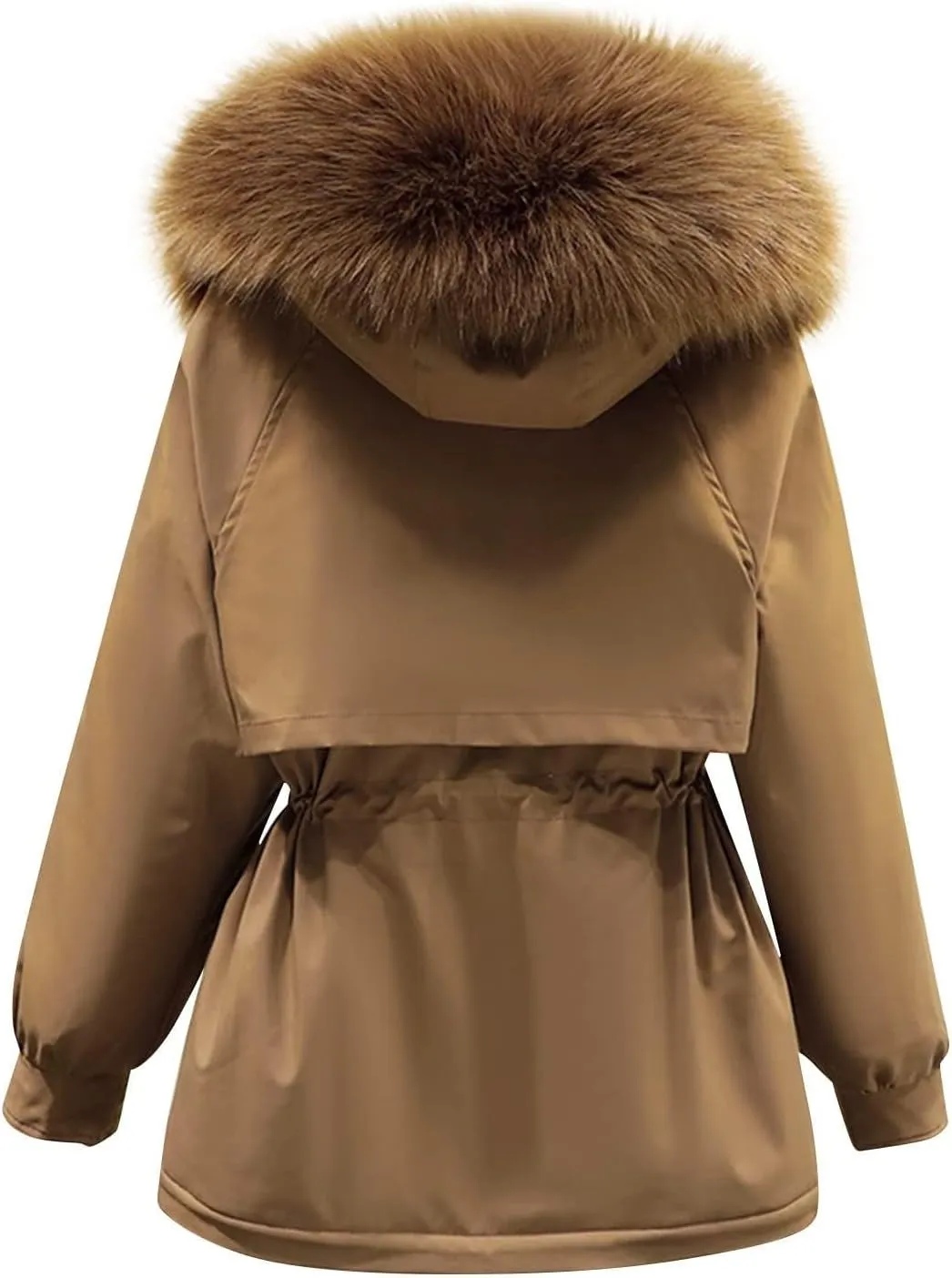 Women's Hooded Down Coat Plus Size Jacket with Fur Hood Winter Parka Drawstring Waist Zip Up Jacket Thick Warm Jacket