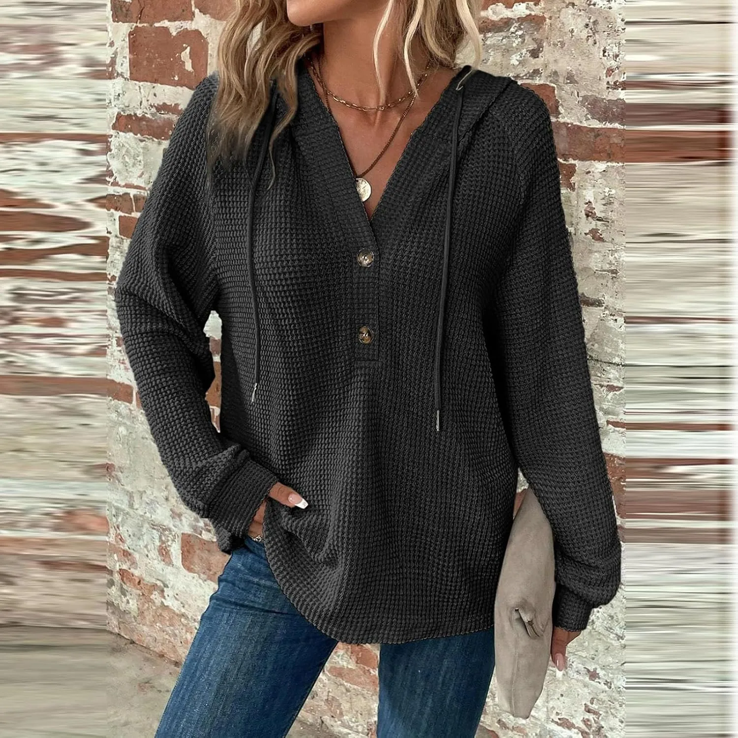 Womens Hoodies 2024 Fall Fashion Button V Neck Waffle Knit Tops Drawstring Hooded Oversized Sweatshirt with Pocket