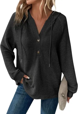 Womens Hoodies 2024 Fall Fashion Button V Neck Waffle Knit Tops Drawstring Hooded Oversized Sweatshirt with Pocket