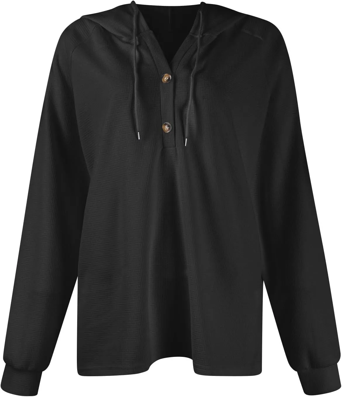 Womens Hoodies 2024 Fall Fashion Button V Neck Waffle Knit Tops Drawstring Hooded Oversized Sweatshirt with Pocket
