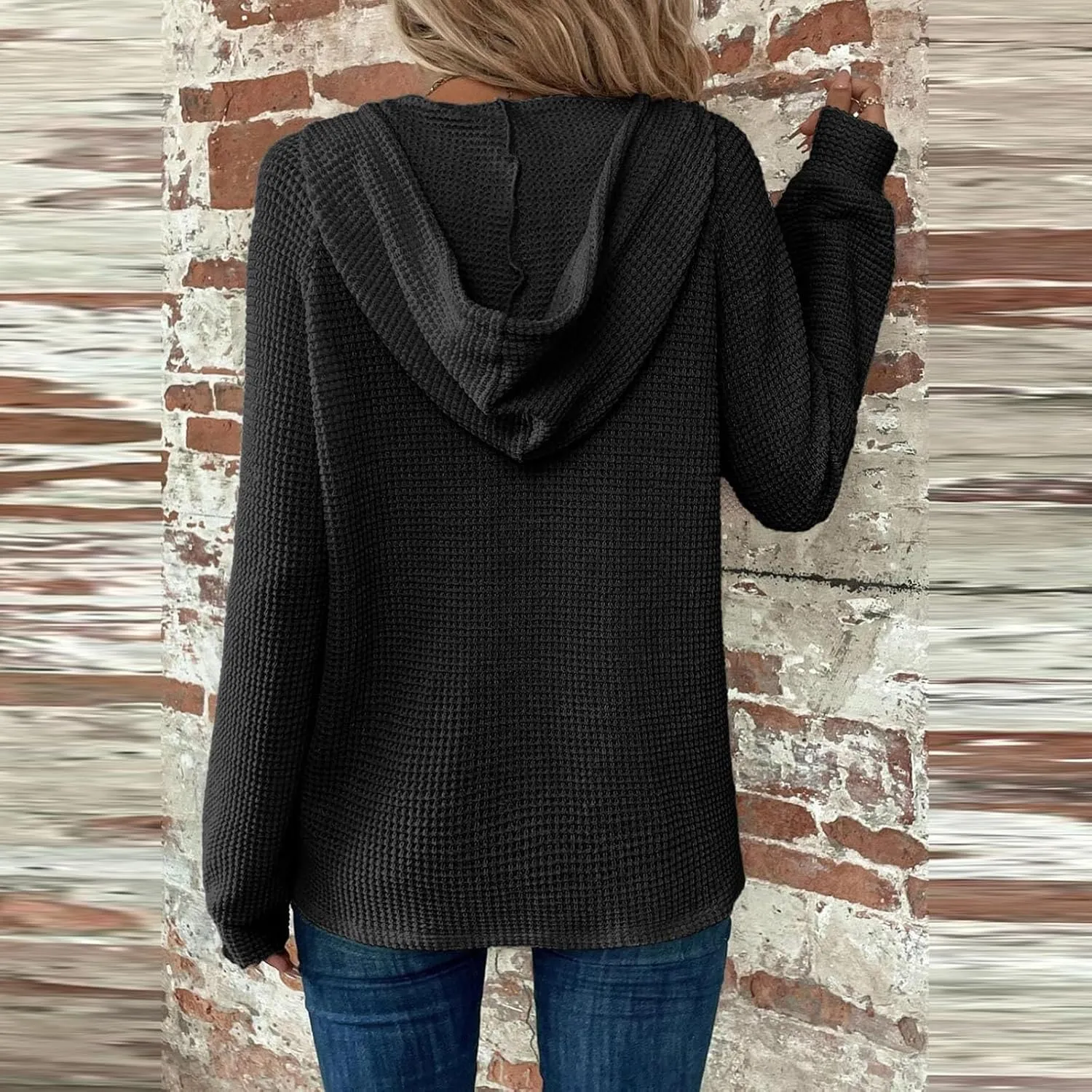 Womens Hoodies 2024 Fall Fashion Button V Neck Waffle Knit Tops Drawstring Hooded Oversized Sweatshirt with Pocket