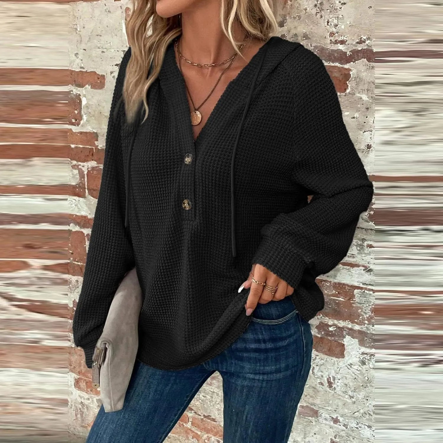 Womens Hoodies 2024 Fall Fashion Button V Neck Waffle Knit Tops Drawstring Hooded Oversized Sweatshirt with Pocket