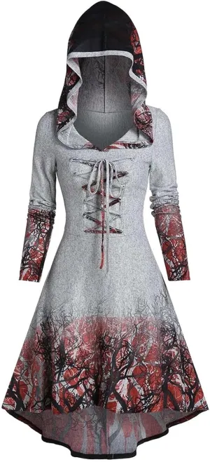 Womens Hoodies Cloak Halloween Vintage Printed Punk Style Long Sleeve Plus Size Hooded Blouse Midi Shirts Dress
