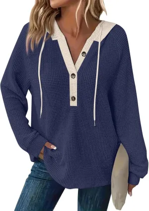 Womens Hoodies Pullover Waffle Knit Casual Drawstring Sweatshirt Button V Neck Long Sleeve Hoodie Sweatshirt Tops