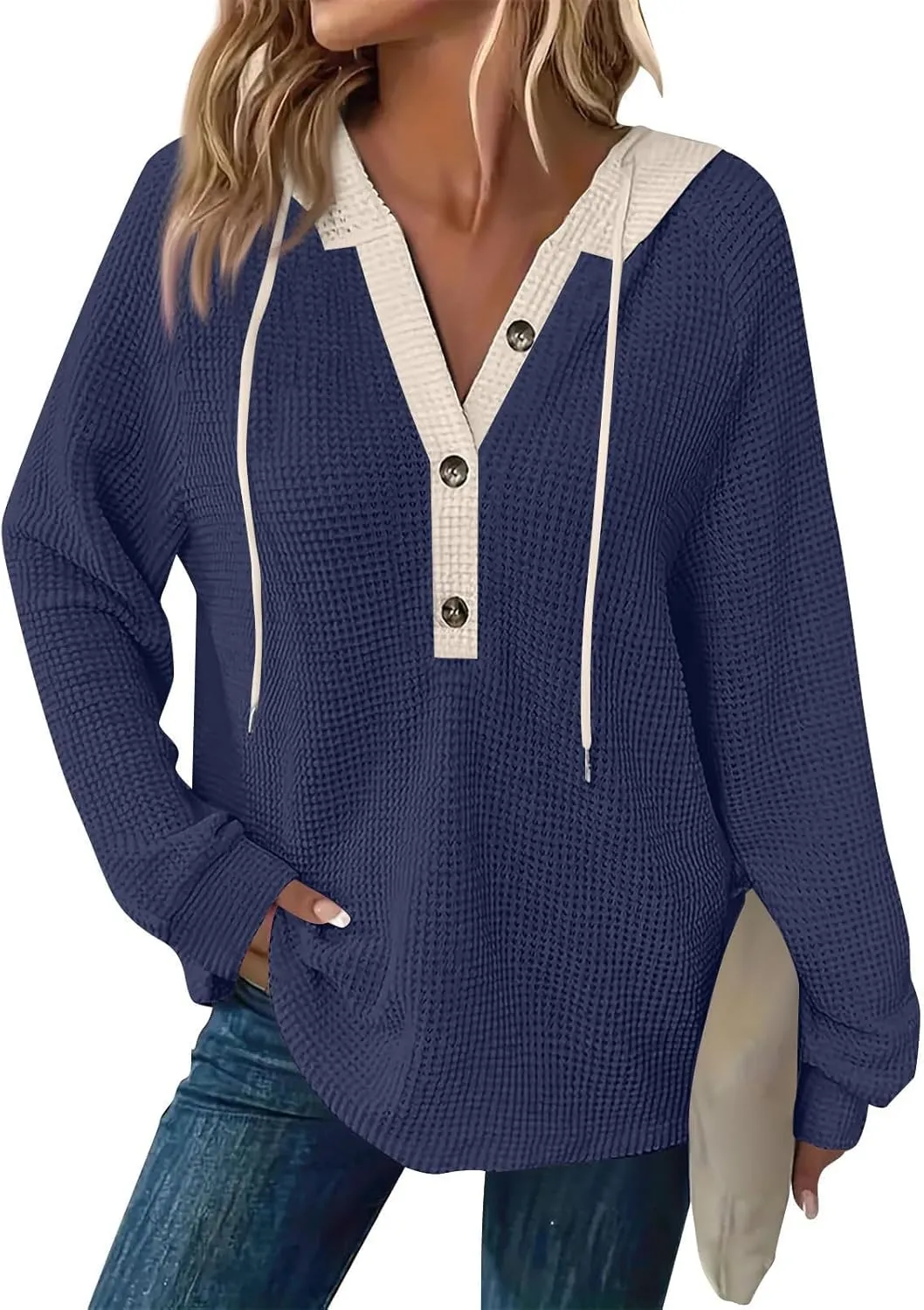 Womens Hoodies Pullover Waffle Knit Casual Drawstring Sweatshirt Button V Neck Long Sleeve Hoodie Sweatshirt Tops