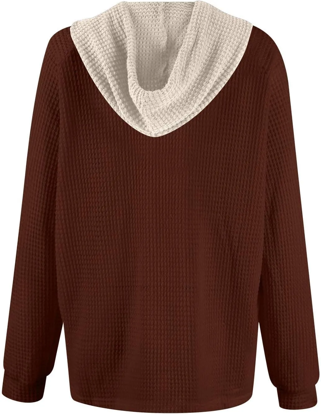 Womens Hoodies Pullover Waffle Knit Casual Drawstring Sweatshirt Button V Neck Long Sleeve Hoodie Sweatshirt Tops