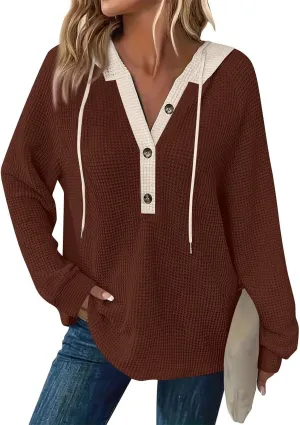 Womens Hoodies Pullover Waffle Knit Casual Drawstring Sweatshirt Button V Neck Long Sleeve Hoodie Sweatshirt Tops